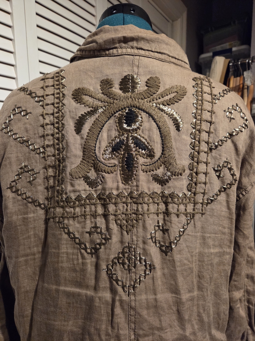 Free People Embroidered Linen-Blend Army Green Jacket